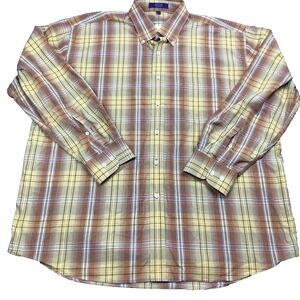 Alan Flusser Shirt Mens XL Yellow Brown Plaid Long Sleeve Button Cotton cowboy